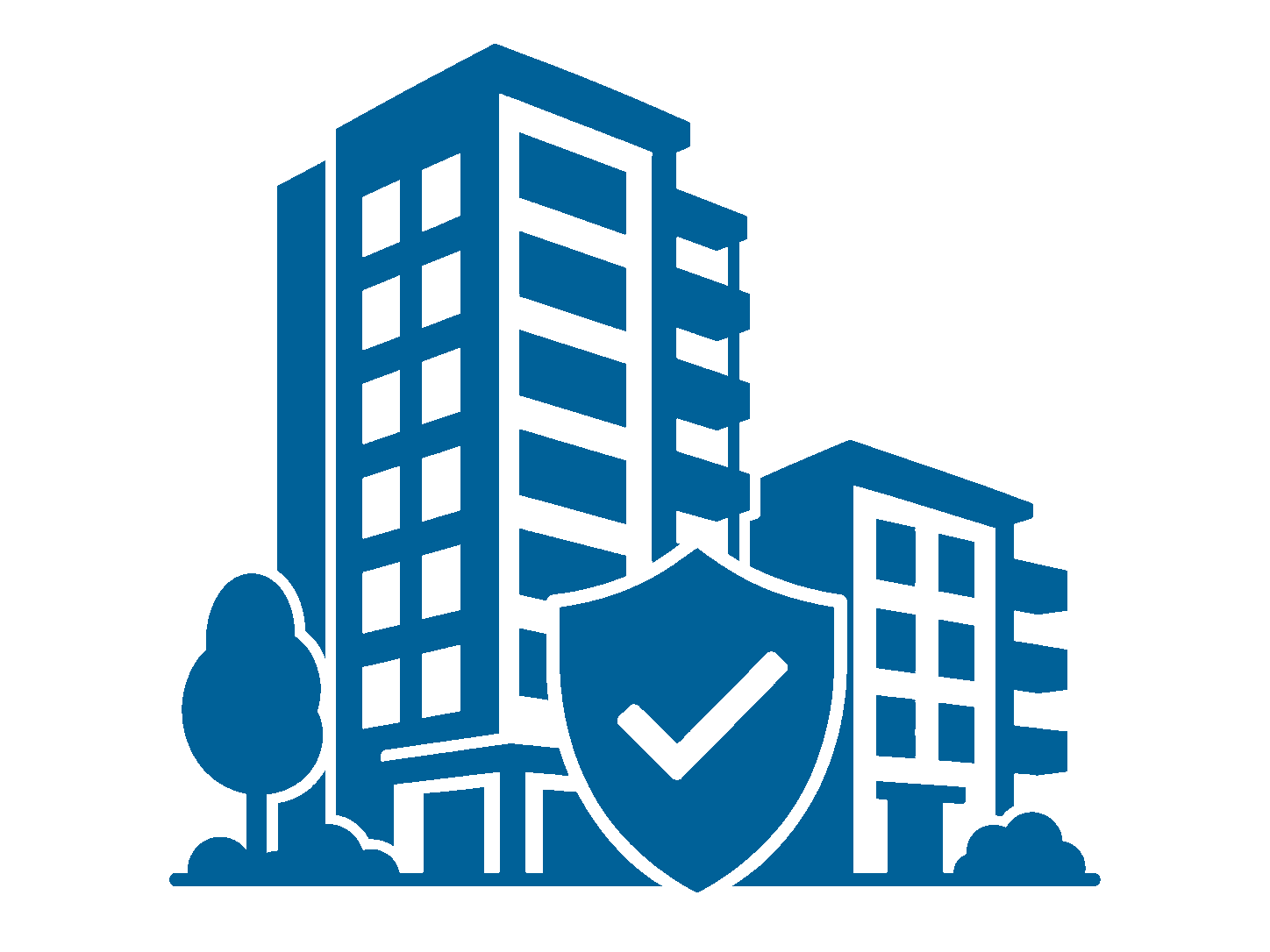 Blue illustration of a multi-story building with a shield and a checkmark, symbolizing building security or protection for property.