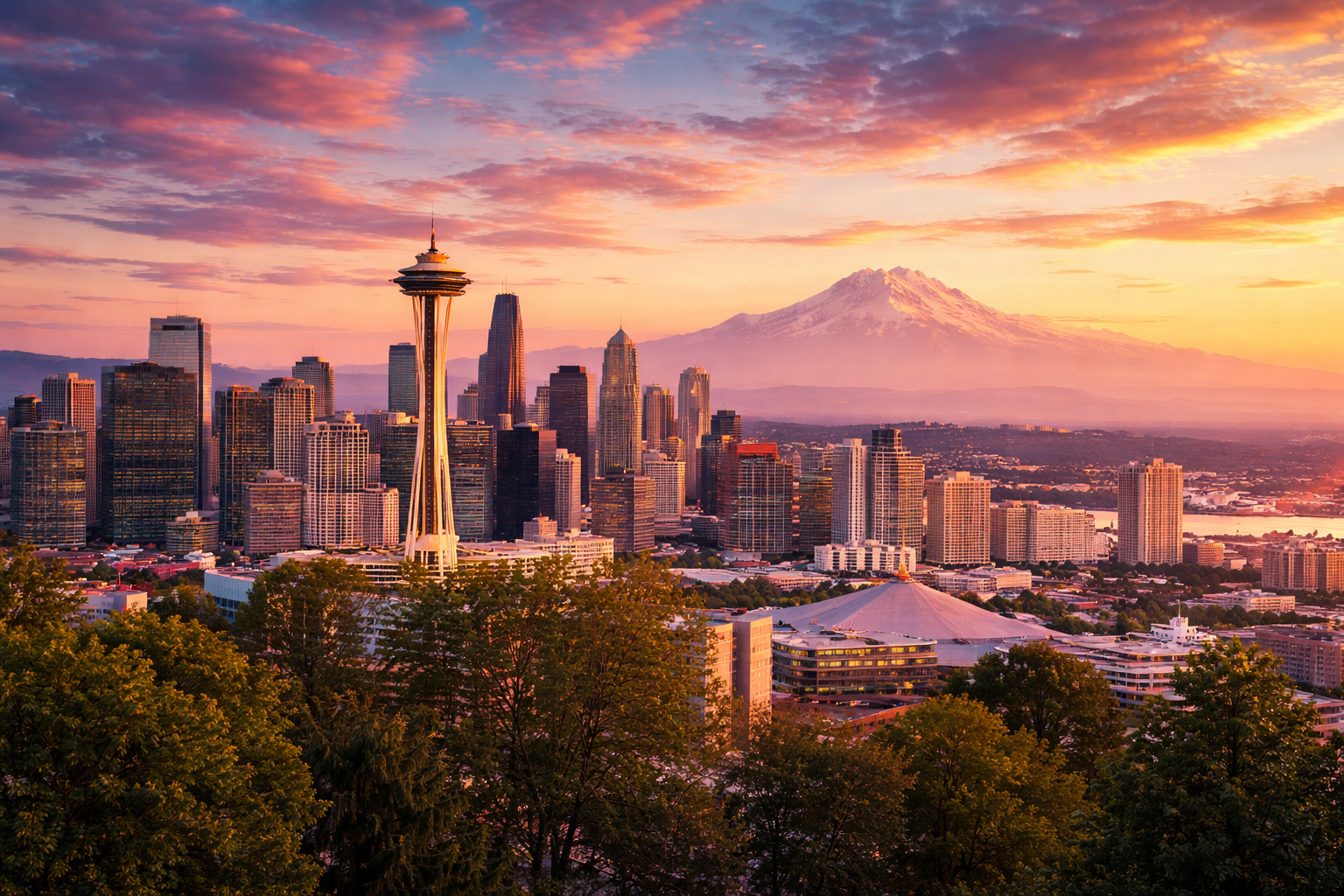 Seattle skyline at sunset with Mount Rainier