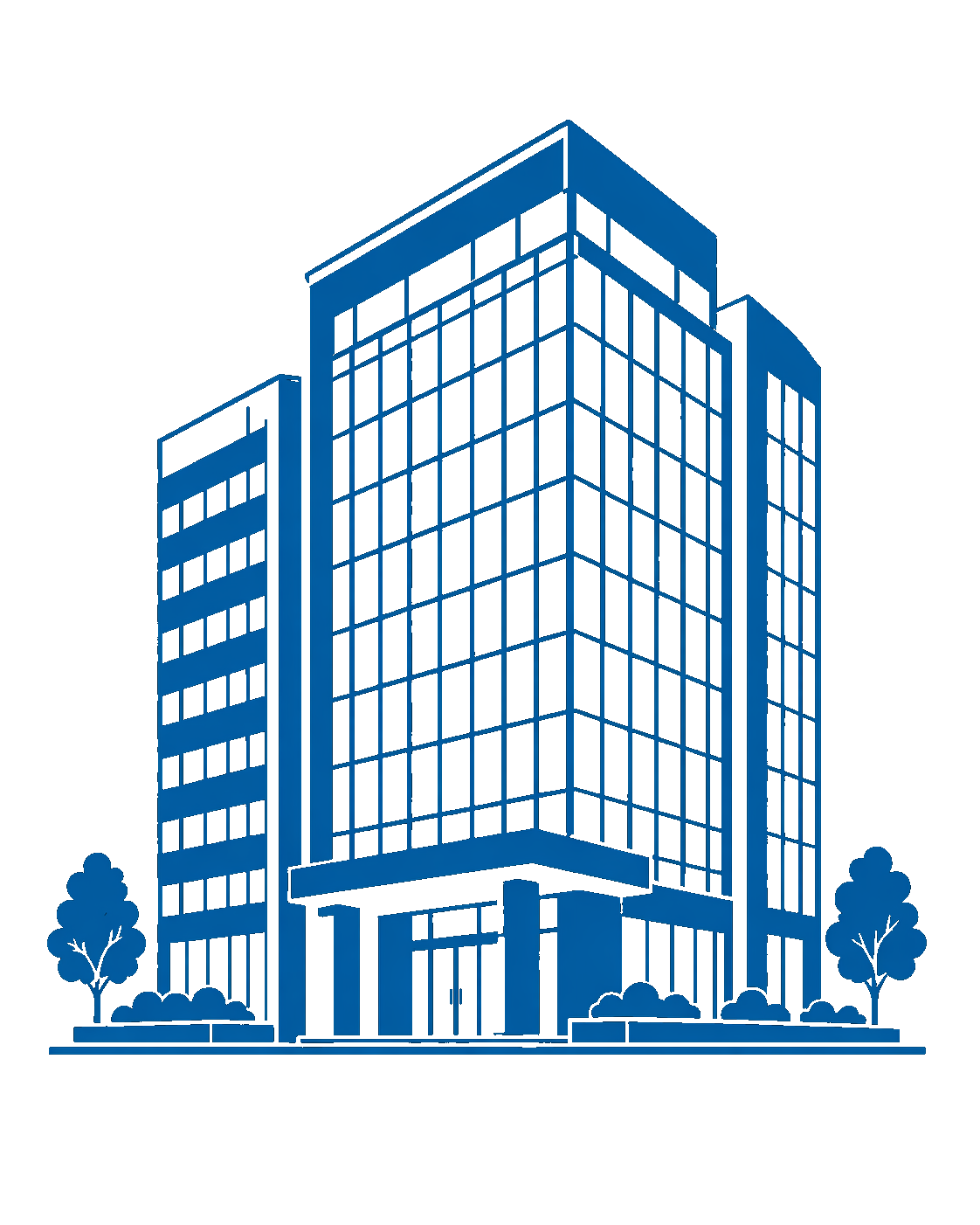 Modern flat vector illustration of a Class A commercial office building in light blue, featuring a glass-front high-rise entrance and clean geometric lines for Arrow Security’s commercial property security services page.